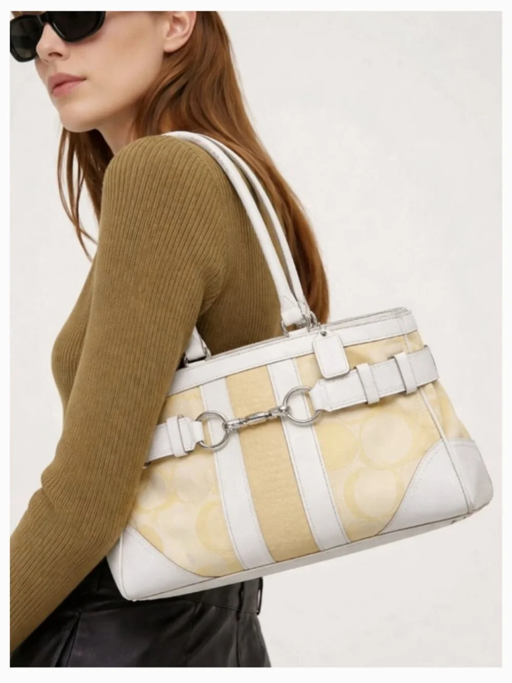 Coach Hampton Optic C Signature Stripe Yellow White Double Handle Shoulder Bag